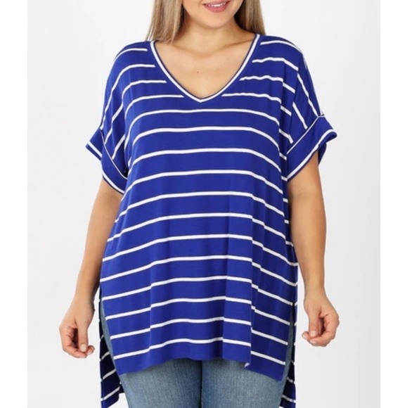 Zenana Premium Women's Striped Rolled Short Sleeve Top High-Low Hem Size XL - Picture 1 of 7